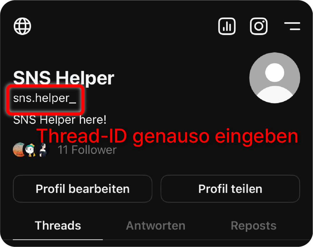 Threads profile displaying the username with instructions to enter the thread ID as shown.